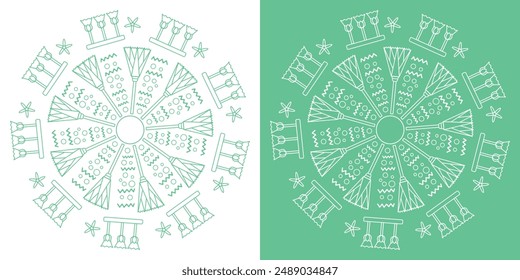 Set of identical circular design patterns on white and green backgrounds in vector with geometric flowers