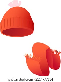 Set of identical color warm red hat and scarf isolated on white background