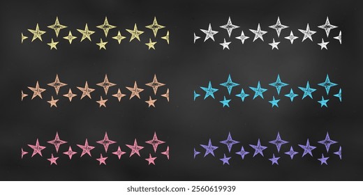 Set of Identical Horizontal Seamless Borders Chalk Drawn Sketches of Stars od Different Colors. Kit of Textural Crayon Drawings of Endless Patterns for Cards, Banners, Covers, Postcards, Envelopes.