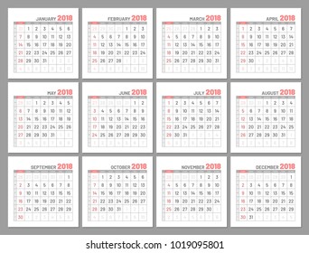 Set identical light calendars, 2018, months, flat. Vector illustration of menologies collection