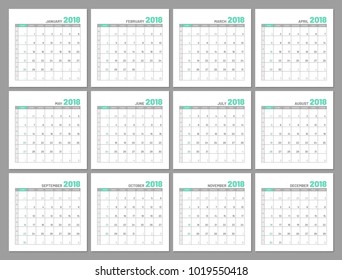 Set identical light calendars, 2018, months, flat. Diary for notes, scheduling, marks of important dates and events. Vector illustration of menologies collection