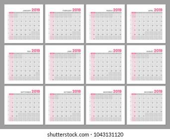 Set identical light calendars, 2019, months, flat. Diary for notes, scheduling, marks of important dates and events. Vector illustration of menologies collection