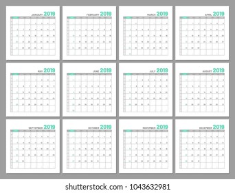 Set identical light calendars, 2019, months, flat. Diary for notes, scheduling, marks of important dates and events. Vector illustration of menologies collection