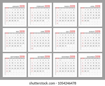 Set identical light mini calendars, 2019, months, flat. Diary for notes, scheduling, marks of important dates and events in red color. Vector illustration of menologies collection