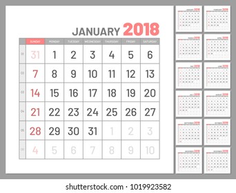Set identical planners 2018. January separately, flat, template. Vector illustration of planners collection