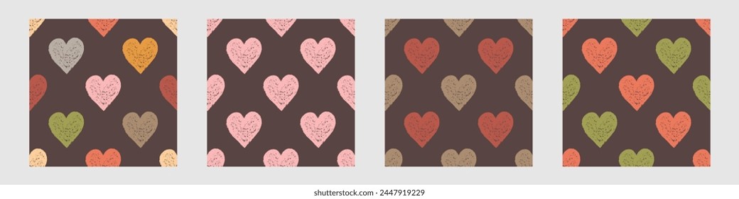 Set of Identical Symmetrical Seamless Patterns with Freehand Hearts in Different Colors. Grunge and Retro Style. Kit of Continuous Romantic Backgrounds for Universal Design.