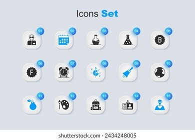 Set Identification badge, Alarm clock, School timetable, Pear, Graduate and graduation cap, Earth globe, Teacher and Trigonometric circle icon. Vector