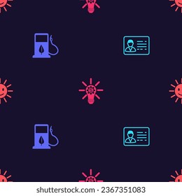 Set Identification badge, Bio fuel with fueling nozzle, Light bulb gear and Cute sun smile on seamless pattern. Vector