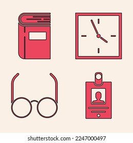 Set Identification badge, Book, Clock and Glasses icon. Vector