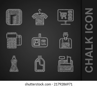 Set Identification badge, Bottle for cleaning agent, Cash register machine, Seller, Sauce bottle, POS terminal with credit card, Shopping cart computer and Fire exit icon. Vector