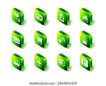 Juego de identificación, Botella para agente de limpieza, Camión de mano y cajas, Vendedor, Salida de fuego, Terminal POS con tarjeta de crédito, Reloj 24 horas e Icono de contenedor de bandeja de plástico para peces. Vector