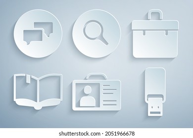 Set Identification badge, Briefcase, Open book, USB flash drive, Magnifying glass and Speech bubble chat icon. Vector
