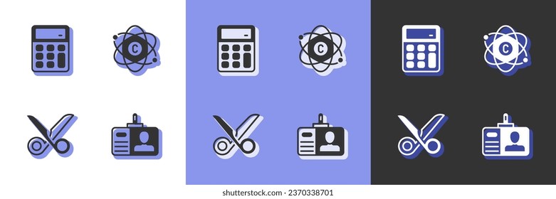 Set Identification badge, Calculator, Scissors and Atom icon. Vector