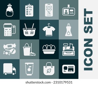 Set Identification badge, Cash register machine, Sauce bottle, Percent discount and mobile, Shopping basket, POS terminal with credit card, Spice can and T-shirt icon. Vector