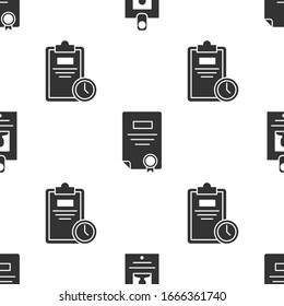 Set Identification badge, Certificate template and Exam sheet with clock on seamless pattern. Vector