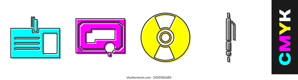 Set Identification badge, Certificate template, CD or DVD disk and Pen icon. Vector