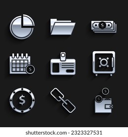 Set Identification badge, Chain link, Wallet with coins, Safe, Coin money dollar symbol, Financial calendar, Stacks paper cash and Pie chart infographic icon. Vector