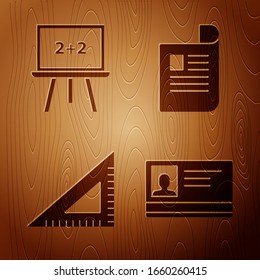 Set Identification badge, Chalkboard, Triangular ruler and Document on wooden background. Vector