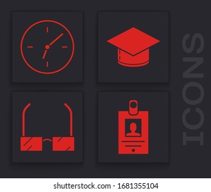 Set Identification badge, Clock, Graduation cap and Glasses icon. Vector