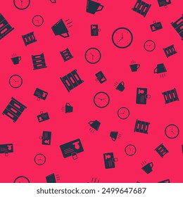 Set Identification badge, Coffee cup, Drawer with documents and Clock on seamless pattern. Vector
