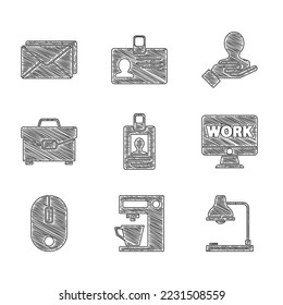 Set Identification badge, Coffee machine, Table lamp, Monitor with text work, Computer mouse, Briefcase, Hand for search people and Envelope icon. Vector