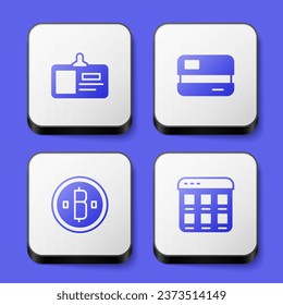Set Identification badge, Credit card, Cryptocurrency coin Bitcoin and Online shopping screen icon. White square button. Vector