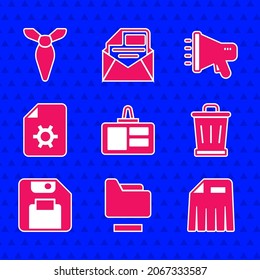 Set Identification badge, Document folder, Paper shredder, Trash can, Floppy disk, settings, Megaphone and Tie icon. Vector