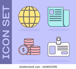 Set Identification badge, Earth globe, Coin money with dollar symbol and File document icon. Vector