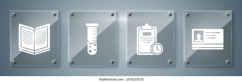 Ponga la placa de identificación, la hoja de examen con reloj, el tubo de prueba y el laboratorio químico de frasco y el libro abierto. Paneles de vidrio cuadrado. Vector