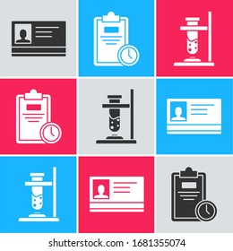 Set Identification badge, Exam sheet with clock and Glass test tube flask on fire icon. Vector
