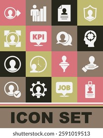Set Identification badge, Hand for search people, Head hunting, Resume, Key performance indicator, Create account screen and Speech bubble chat icon. Vector