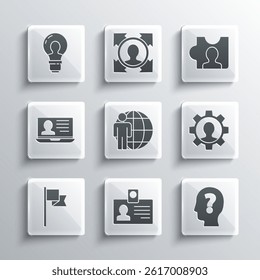 Set Identification badge, Head with question mark, Human gear, hunting, Location marker, Laptop resume, lamp bulb and  icon. Vector