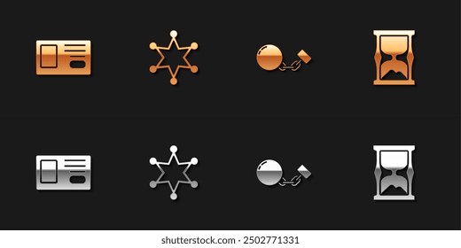 Establecer insignia de Identificación, Hexagram sheriff, cadena de la bola y viejo icono de reloj de arena. Vector