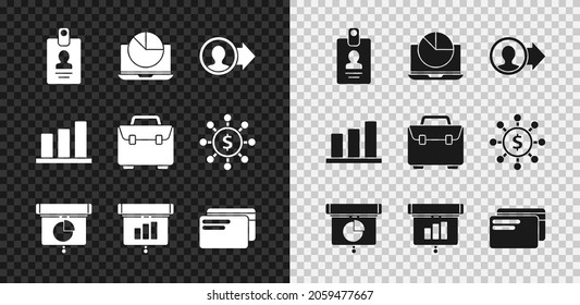 Set Identification badge, Laptop with graph chart, Job promotion, Graph, diagram, infographic, Credit card, Pie and Briefcase icon. Vector