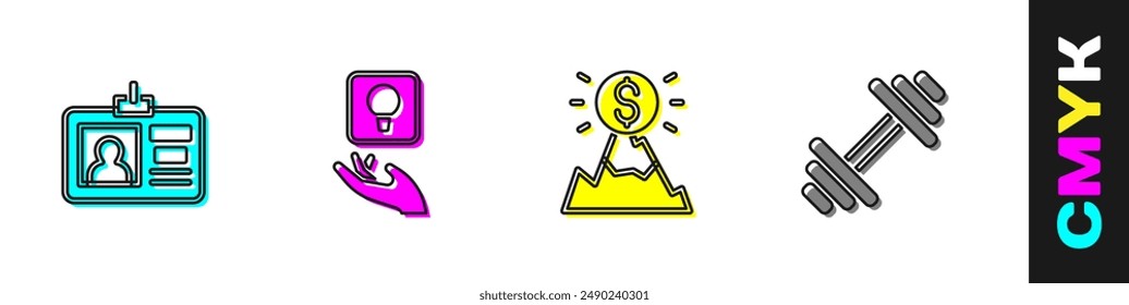 Set Identification badge, Light bulb, Mountains with flag and Dumbbell icon. Vector