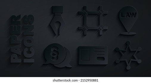 Set Identification badge, Location law, Law, Hexagram sheriff, Prison window and Fountain pen nib icon. Vector