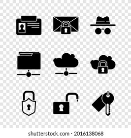 Set Identification badge, Mail message lock password, Incognito mode, Lock, Open padlock, Marked key, FTP folder and Network cloud connection icon. Vector
