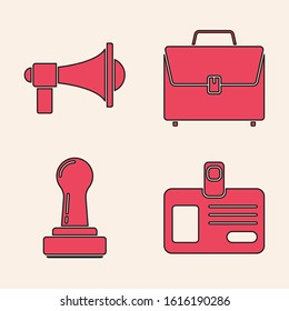 Set Identification badge, Megaphone, Briefcase and Stamp icon. Vector