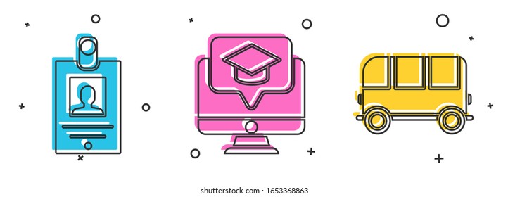 Set Identification badge, Monitor with graduation cap and School Bus icon. Vector