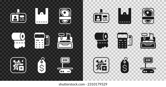 Set Identification badge, Paper shopping bag, Meat packaging steak, QR code, Price tag with dollar, Electronic scales, Toilet paper roll and POS terminal credit card icon. Vector