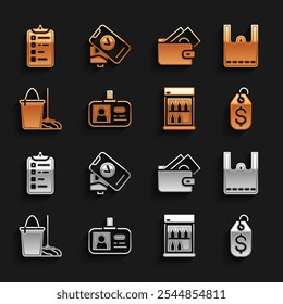 Set Identifikationsabzeichen, Papier Einkaufstasche, Preisschild mit Dollar, Kommerzieller Kühlschrank, Mopp und Eimer, Geldbörse, Einkaufsliste und POS-Terminal-Symbol. Vektorgrafik