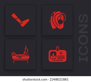 Set Identification badge, Prosthesis leg, Hearing aid and Patient with broken icon. Vector