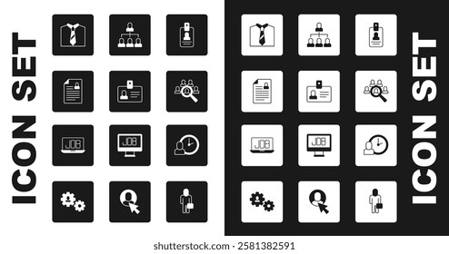 Set Identification badge, Resume, Tie, Magnifying glass for search job, Employee hierarchy, Work time and Search icon. Vector