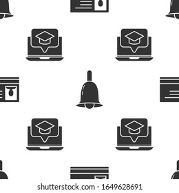 Set Identification badge, Ringing bell and Graduation cap on screen laptop on seamless pattern. Vector