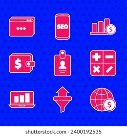 Set Identification badge, Sales funnel with arrows, Earth globe dollar, Calculator, Laptop graph chart, Wallet, Pie infographic and and Website template icon. Vector