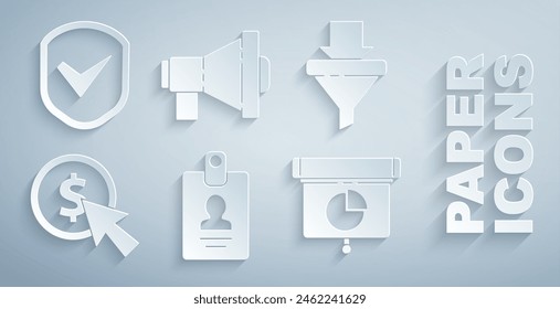 Set Identification badge, Sales funnel with arrows, Cursor and coin, Graph, chart, diagram, infographic, Megaphone and Shield check mark icon. Vector