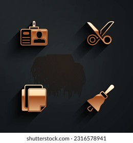 Set Identification badge, Scissors, File document and Ringing bell icon with long shadow. Vector