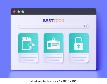 Establece la insignia de identificación, la tarjeta SD y el escudo y el icono Abrir candado. Vector