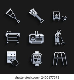 Set Identification badge, Smart watch, Walker, Grandmother, Braille, Stretcher, Disabled car and Crutch or crutches icon. Vector