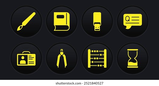 Establezca la insignia de Identificación, burbujas de discurso con pregunta, brújula de dibujo, ábaco, unidad flash USB, libro, reloj de arena antiguo e ícono de pincel de pintura. Vector